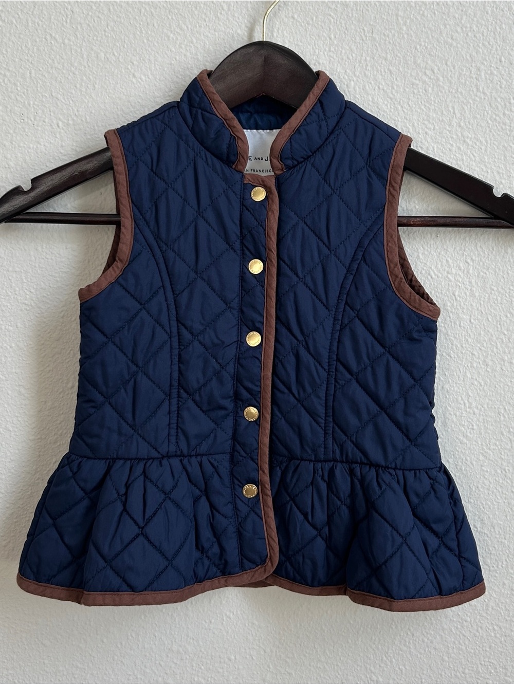 Janie and Jack Navy Quilted Peplum Vest with Brown Trim and Gold Buttons
